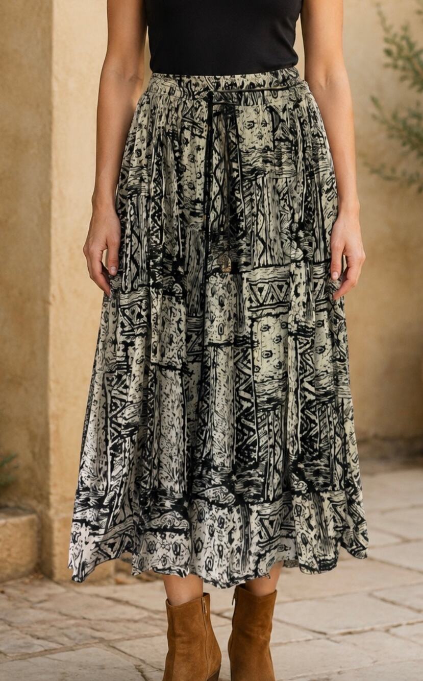 Vintage Just Class Abstract Print Cotton Gauze Boho Skirt Black Cream 90s M